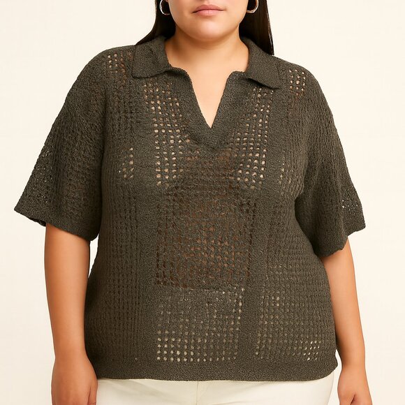 ZARA Collared Crochet Open Knit Polo Top Charcoal Boho Resort Layering L Preppy - Picture 1 of 7